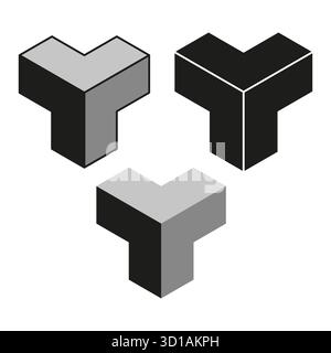 Forme Y isometriche. Forme di blocco geometrico. Elemento vettore astratto. Vista tridimensionale. EPS 10. Illustrazione Vettoriale