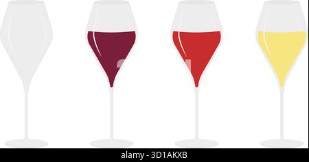 Eleganti bicchieri da vino riempiti di vino rosso rosa e bianco a metà strada e bicchieri da toumbler dal design minimalista. Illustrazione vettoriale isolata tematica del vino o Menu Cards opuscoli di auguri festivi poster banner Illustrazione Vettoriale