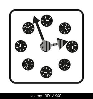 Icona del quadrante dell'orologio. Più fusi orari. Concetto vettoriale globale. Simbolo del programma mondiale. EPS 10. Illustrazione Vettoriale
