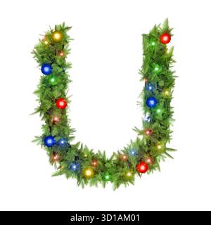 La lettera U risplende in una ghirlanda natalizia adornata di luci Foto Stock