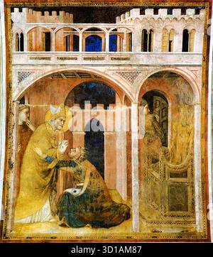 SIMONE MARTINI (B. 1280/85, Siena, d. 1344, Avignone) miracolo di fuoco (scena 8) 1312-17 affresco, 296 x 230 cm Cappella di San Martino, Chiesa inferiore, San Francesco, Assisi nella scena accanto alla baia destra Simone ha dipinto il miracolo del fuoco, un affresco che, come la scena del bambino risorto, è gravemente danneggiato. La scena illustra l'evento subito dopo il miracolo, quando una lingua di fiamma scoppiò dal trono dell'imperatore Valentiniano dopo che si era rifiutato di concedere udienza al santo. Il sovrano, più del XIV secolo del suo collega Giuliano, è mostrato che si estende verso Foto Stock