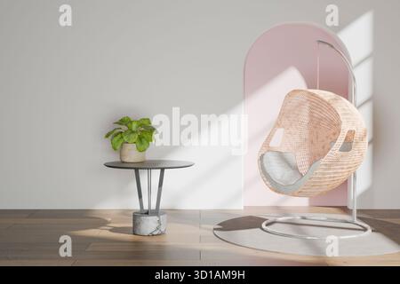 una camera luminosa e minimalista con pareti bianche e pavimento in legno Foto Stock