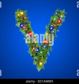 La lettera V risplende in una ghirlanda natalizia adornata di luci. Foto Stock