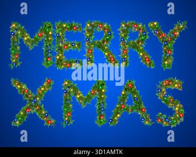 La frase "Merry XMAS" è composta da ghirlande di alberi di Natale e giocattoli notturni. Foto Stock