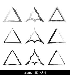 Collezione di forme triangolari. Bordi grunge in distacco. Design del profilo ruvido. Elementi geometrici vettoriali. Illustrazione Vettoriale