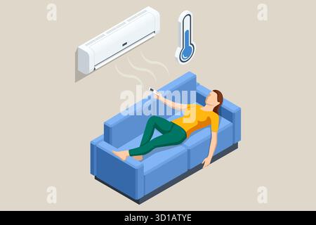 Uomo isometrico sdraiato su un divano con telecomando e condizionatore d'aria. Concetto di comfort, raffreddamento e sistema di climatizzazione domestica. Manutenzione, manutenzione HVAC Illustrazione Vettoriale