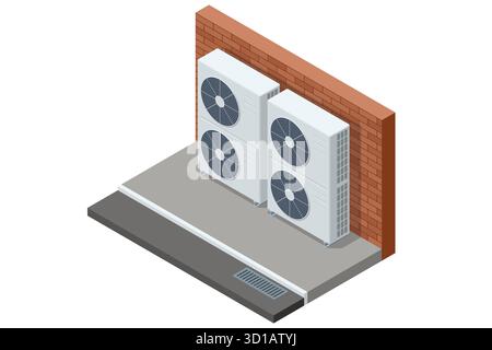 Sistema di climatizzazione industriale isometrico con ventole di ventilazione. Concetto di tecnologia HVAC, energia e controllo della climatizzazione. Illustrazione Vettoriale