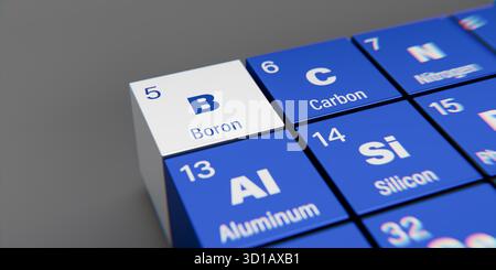 Vista di dettaglio dell'elemento chimico B boro con il numero atomico 5 all'interno della tavola periodica degli elementi. Effetto di dispersione dinamica agli angoli A. Foto Stock