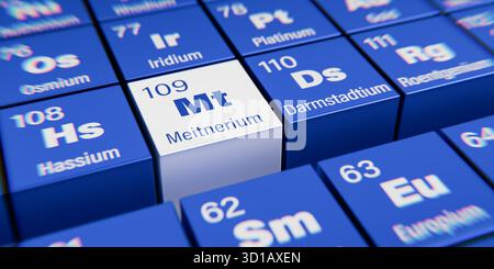 Vista dettagliata dell'elemento chimico Mt Meitnerium con il numero atomico 109 all'interno della tavola periodica degli elementi. Effetto di dispersione dinamica alla c Foto Stock