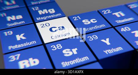 Vista dettagliata dell'elemento chimico CA calcio con il numero atomico 20 all'interno della tavola periodica degli elementi. Effetto di dispersione dinamica sul corne Foto Stock