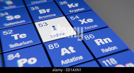 Vista di dettaglio dell'elemento chimico i iodio con il numero atomico 53 all'interno della tavola periodica degli elementi. Effetto di dispersione dinamica agli angoli Foto Stock