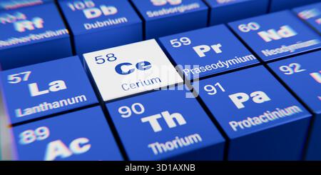 Vista di dettaglio dell'elemento chimico cerio CE con il numero atomico 58 all'interno della tavola periodica degli elementi. Effetto di dispersione dinamica sullo spigolo Foto Stock