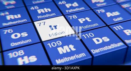 Vista dettagliata dell'elemento chimico IR iridio con il numero atomico 77 all'interno della tavola periodica degli elementi. Effetto di dispersione dinamica sul corne Foto Stock