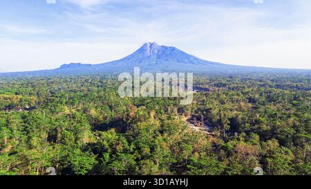 La vista aerea del maestoso Monte Merapi sorge in lontananza su un fitto arazzo di lussureggianti alberi verdi, in contrasto con il cielo azzurro, Klaten, Giava centrale, Indonesia. Foto Stock