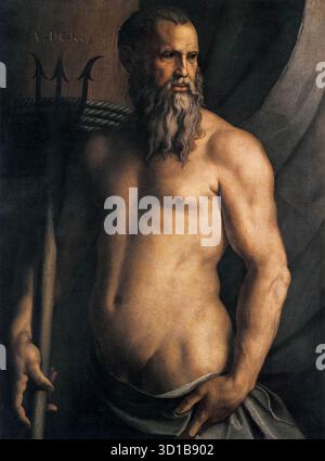 BRONZINO, Agnolo (1503, Firenze, d. 1572, Firenze) Ritratto di Andrea Doria come Nettuno c. 1540 olio su tela, 115 x 53 cm Pinacoteca di Brera, Milano questo dipinto di Andrea Doria, il condottiere genovese che comandò le flotte combinate di Venezia, del Papa e dell'Imperatore nella loro vittoria sui Turchi, è un esempio significativo del lavoro di Bronzino come ritrattivista dell'aristocrazia. I più famosi ritratti di Bronzino di Lucrezia e Bartolomeo Panciatichi, Eleanora di Toledo e Laura Battiferri raffigurano una classe cosciente della sua nobiltà, ambientata in posizioni immobili, con alaba impeccabili Foto Stock