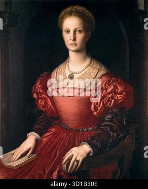 BRONZINO, Agnolo (1503, Firenze, d. 1572, Firenze) Ritratto di Lucrezia Panciatichi c. 1540 olio su legno, 102 x 85 cm Galleria degli Uffizi, Firenze Lucrezia di Gismondo Pucci sposò nel 1528 Bartolomeo Panciatichi, il cui ritratto fu probabilmente dipinto a pendente con questo intorno al 1540. Bronzino descrive il suo bel vestito, esaltando la sua dignità aristocratica e la sua eleganza: La lunga collana d'oro che la signora indossa include piccoli piatti dove sono leggibili le parole "Sans fin amour dure", alludendo all'amore e alla fedeltà. Come è tipico dell'arte di Bronzino, la signora è vestita sontuosamente Foto Stock