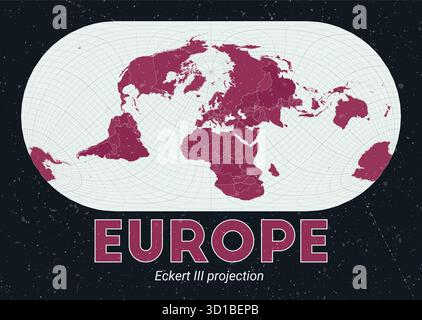 Europa. Mappa del mondo. Proiezione di Eckert III incentrata sull'Europa. Pallido Mint Dark Pink (Rosa scuro). Texture vintage. Illustrazione vettoriale attiva. Illustrazione Vettoriale