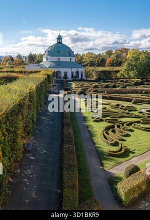 Vista aerea del Giardino dei Fiori barocchi e della Rotonda a Kromeriz, Repubblica Ceca Foto Stock