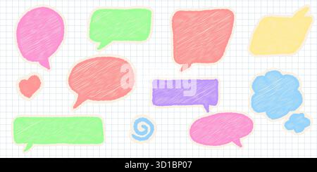 Palloncini comici Crayon Doodle, cornici a matita disegnate a mano con gesso su sfondo di carta grafica, illustrazione vettoriale in stile schizzo perfetta per Illustrazione Vettoriale