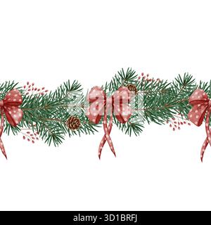 Acquerello della ghirlanda natalizia con rami di pino, coni, bacche rosse e archi. Bordo delle feste dipinto a mano, perfetto per biglietti di auguri, inviti, wra Foto Stock