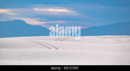 Dune del White Sands National Park con percorsi per dune buggy nel New Mexico, Stati Uniti Foto Stock