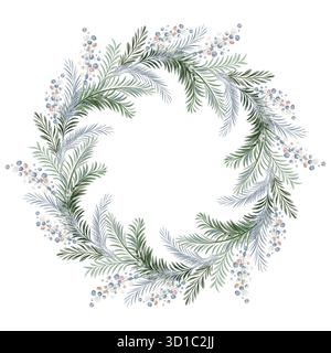 Corona di Natale in acquerello fatta di rami di pino e abete rosso. Cornice circolare per le feste per scheda, modello o poster. Illustrazione isolata per la d. Inverno Foto Stock