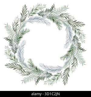 Corona di Natale in acquerello fatta di rami di pino e abete rosso. Cornice circolare per le feste per scheda, modello o poster. Illustrazione isolata per la d. Inverno Foto Stock