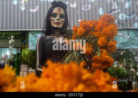 Una donna con il viso dipinto come un teschio tiene fiori cempasuchil al mercato giamaicano per le celebrazioni del giorno dei morti. Il 26 ottobre 2025 a città del Messico, Messico. (Credit Image: © Marco Gonzalez/eyepix via ZUMA Press Wire) SOLO PER USO EDITORIALE! Non per USO commerciale! Foto Stock
