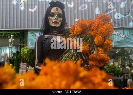 Città del Messico, Messico. 26 ottobre 2025. Una donna con il viso dipinto come un teschio tiene fiori cempasuchil al mercato giamaicano per le celebrazioni del giorno dei morti. Il 26 ottobre 2025 a città del Messico, Messico. (Foto di Marco Gonzalez/ Eyepix Group/Sipa USA) credito: SIPA USA/Alamy Live News Foto Stock
