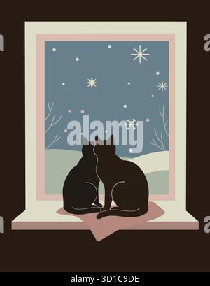 Un'illustrazione romantica di due gatti neri che si coccolano su un davanzale, guardando il cielo stellato e la neve che cade. Illustrazione Vettoriale