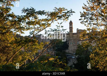 Montepulciano attraverso le foglie autunnali Foto Stock