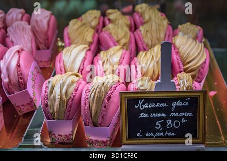 Colorati panini con gelato macaron in vendita presso una gelateria artigianale nella città vecchia o Vieille Ville di Nizza, nel sud della Francia Foto Stock