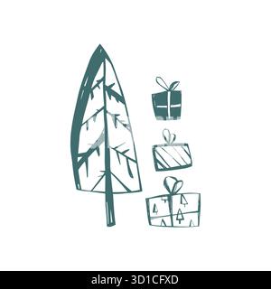 Albero di natale scandinavo con regali disegnati a mano in stile arte popolare semplice composizione natalizia nordica per progetti di design moderno Illustrazione Vettoriale