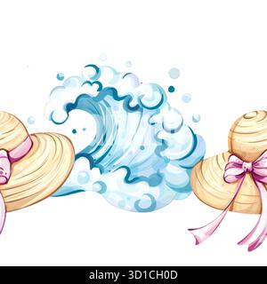 Sfondo con motivo senza cuciture con elementi per le vacanze estive, onde sulla spiaggia, cappelli di paglia, occasioni di festa e allegri allestimenti per un Illustrazione Vettoriale