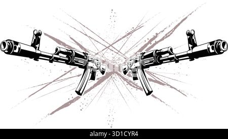 Illustrazione di due fucili d'assalto Kalashnikov sotto forma di tatuaggio su sfondo astratto Foto Stock