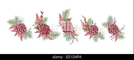 Rose di Borgogna, rami di pino, coni, fiori secchi, piume e frutti di bosco illustrano l'acquerello. Capodanno invernale e bouquet di Natale, isolati Foto Stock