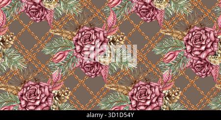 Rose di Borgogna, rami di abete, coni, rami secchi, fiori secchi, foglie e catene - motivo senza cuciture, illustrazione ad acquerello. Segnale acustico di terra isolato, Foto Stock