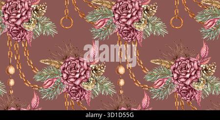 Rose di Borgogna, rami di abete, coni, rami secchi, fiori secchi, foglie e catene - motivo senza cuciture, illustrazione ad acquerello. Rosa scuro isolato, S Foto Stock