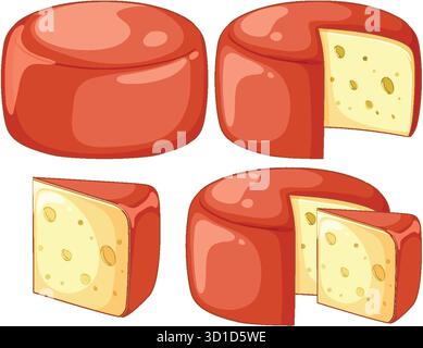 Illustrazione vettoriale di forme di formaggio con cera rossa, cunei tagliati, stile cartone animato, sfondo isolato Illustrazione Vettoriale