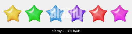 Set di icone a stella colorata 3D isolate su sfondo bianco. Stelle gialle, rosse, blu, verdi e viola con texture lucida e riflessi luminosi Illustrazione Vettoriale