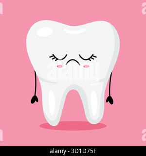 Stile Kawaii carattere triste dei denti con occhi grandi ed espressione sfacciata. Ideale per manifesti dentali, libri di salute per bambini e materiali educativi. Illustrazione Vettoriale