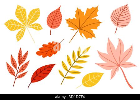 Collezione di brillanti foglie autunnali nei colori giallo, rosso e arancione, perfetta per adesivi, carte, collage e materiale didattico. Illustrazione Vettoriale
