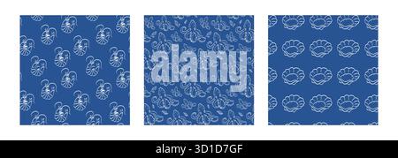 Motivi di pesce blu senza cuciture con gamberetti, polpo e conchiglie Illustrazione Vettoriale