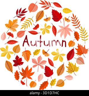 Cerchio composizione di foglie d'autunno colorate con testo d'autunno Illustrazione Vettoriale