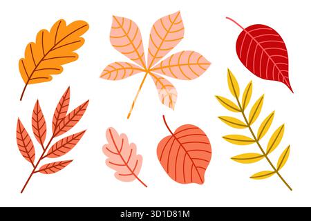 Una splendida collezione di foglie d'autunno colorate, perfetta per i progetti di design stagionali Illustrazione Vettoriale