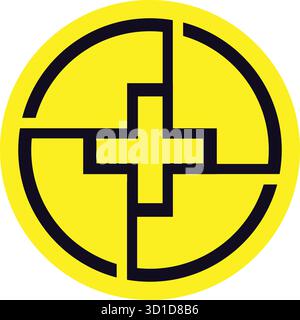 Logo medico geometrico in grassetto: Icona a croce moderna in nero all'interno di un cerchio giallo brillante Illustrazione Vettoriale
