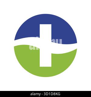 Logo Wellness Balance: Croce medica bianca in blu e verde disegno circolare fluente Illustrazione Vettoriale