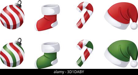 Grazioso bauble natalizio con elementi iconici, calzino, canna di caramelle, cappello di Babbo Natale nelle varianti di colore Verde e Rosso Illustrazione Vettoriale
