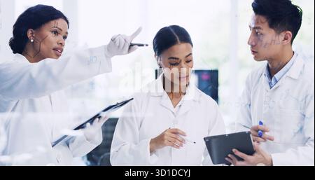 Laboratorio, scienziato e gruppo con parete in vetro per formula, pianificazione o lista di controllo chimica. Team scientifico, persone ed equazioni a bordo, idea e puntamento Foto Stock