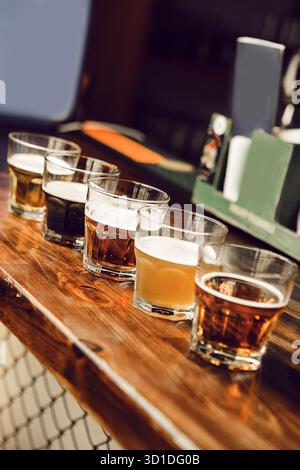 Assaggio di birra artigianale presentato in piccoli bicchieri allineati su un tavolo di degustazione in legno Foto Stock